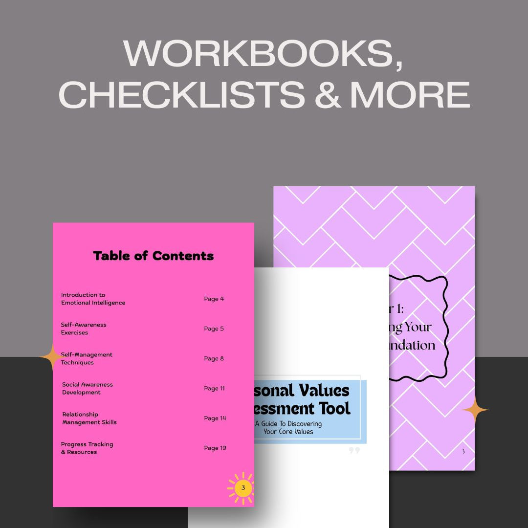 Three workbooks with different covers on a gray background, featuring text and design elements.
